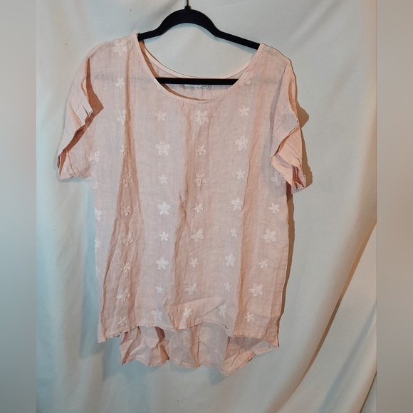 Terzo Millennio Tops - Terzo Millennio Italian Made Soft Pink Floral Embroidered 100% Linen Hi-Low Top